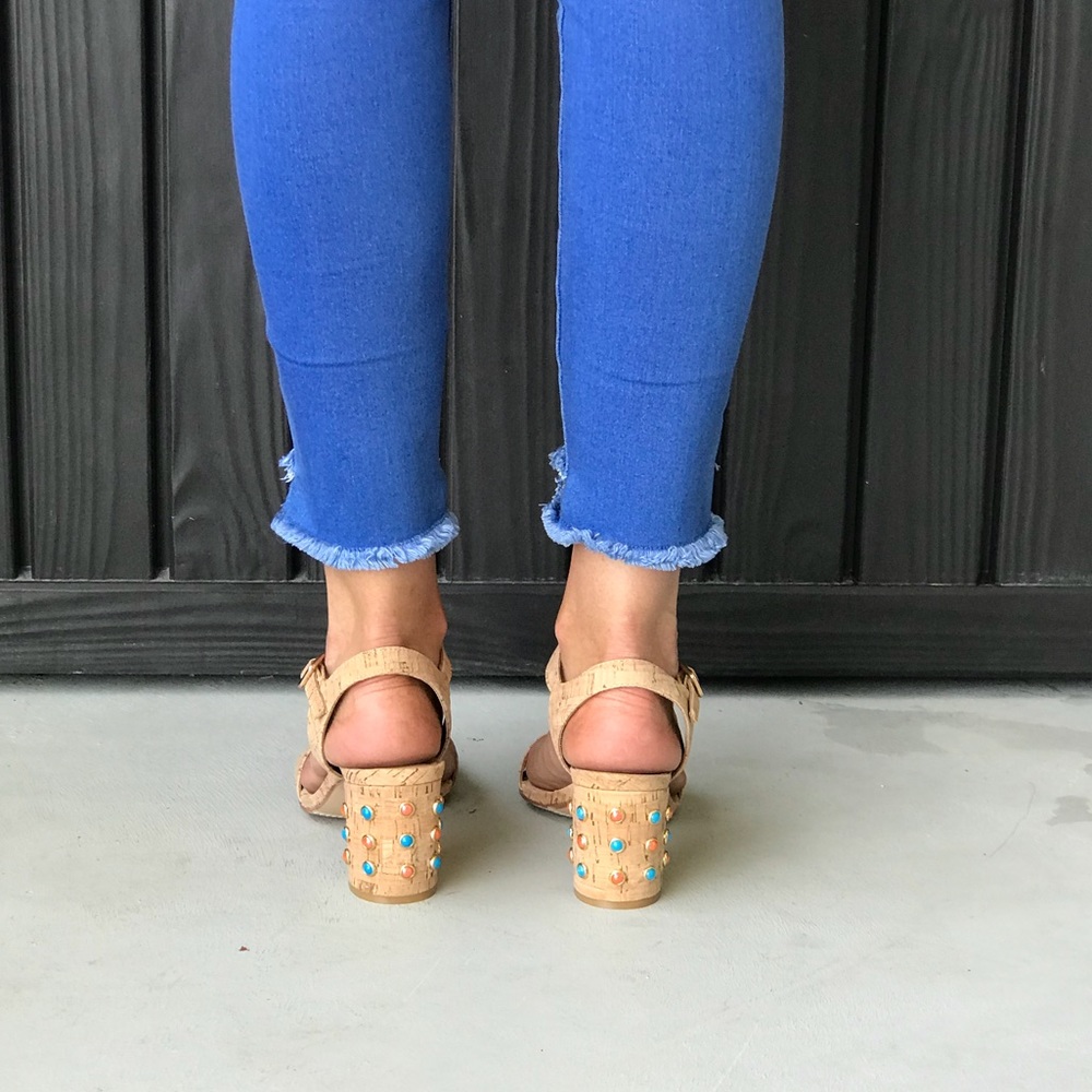 Embellished Natural Cork Low Block Heel Sandal - Picture 4 of 8